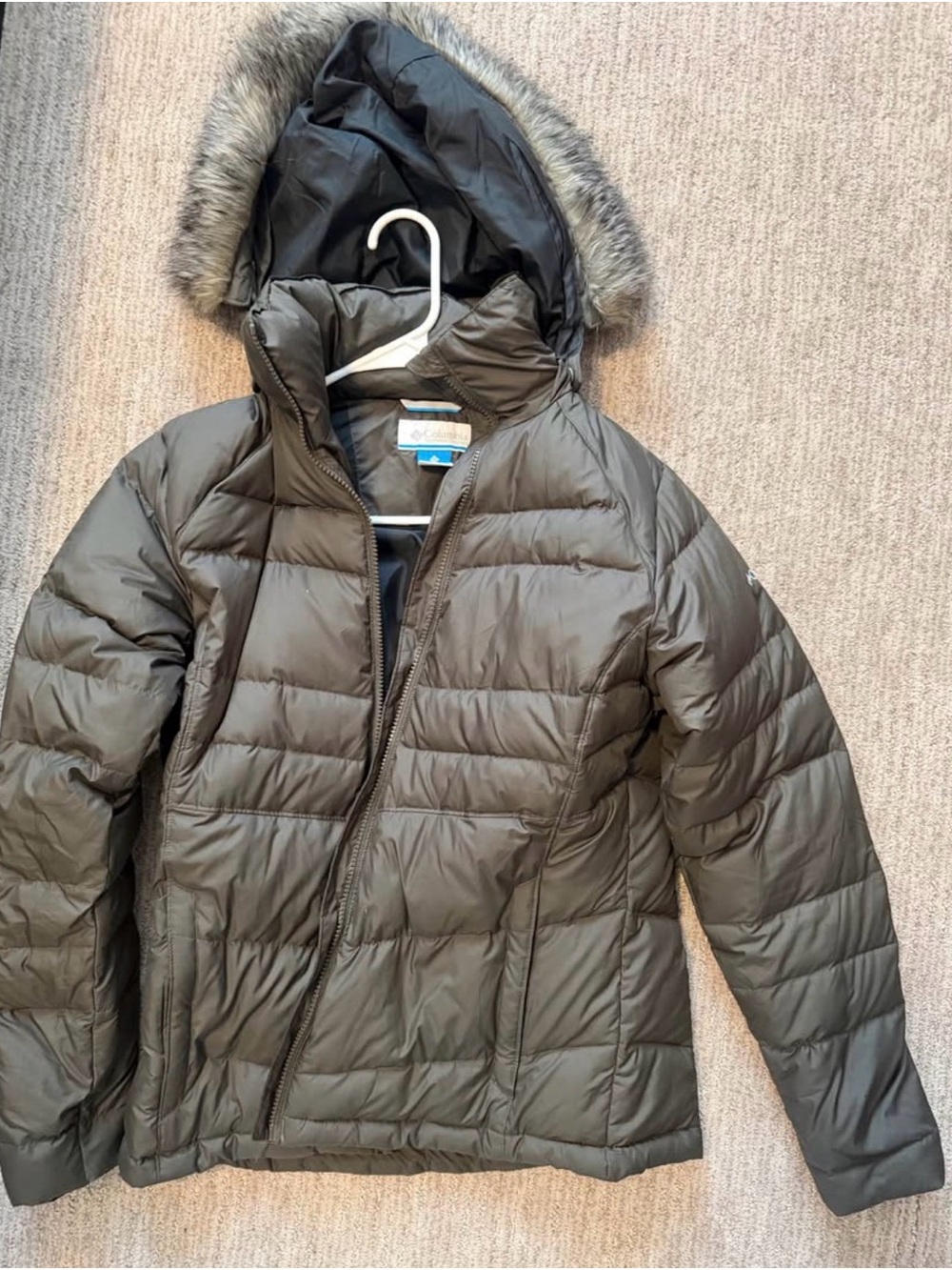 Womens Olive Green Puffer Jacket with Faux Fur Hood